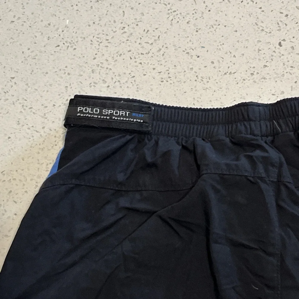Vintage Polo Sport‎ Swim Trunks Mens XL Blue Stripe Spell Out Logo Zip Pockets